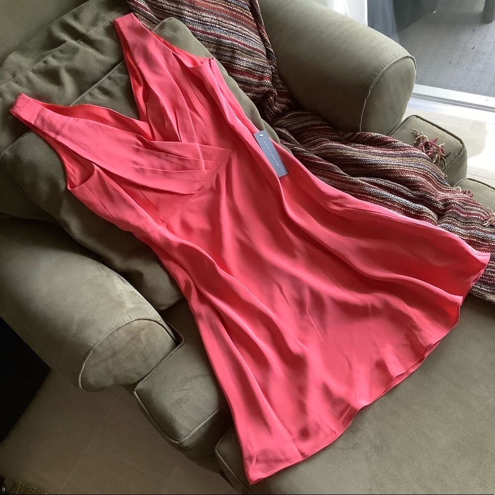 Coral V-Neck Silk Dress
